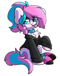 Size: 2075x2630 | Tagged: safe, artist:spoopygander, derpibooru import, oc, oc:panda shade, unofficial characters only, earth pony, pony, buckle, chest fluff, clothes, collar, cute, cutie mark, female, jumper, looking at you, mare, mlem, multicolored hair, raised hoof, silly, socks, solo, striped socks, tongue out