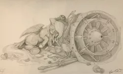 Size: 3895x2368 | Tagged: safe, artist:ignis, derpibooru import, oc, unofficial characters only, pegasus, pony, clam, jet engine, mechanic, pencil drawing, sleeping, traditional art