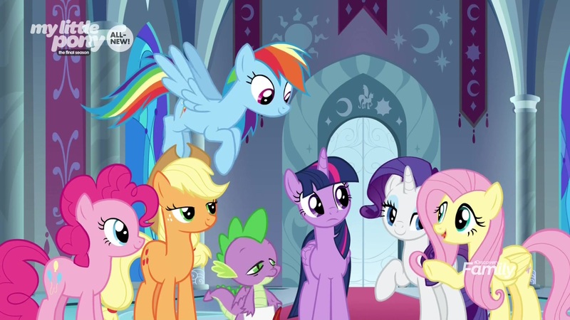 Size: 1920x1080 | Tagged: safe, derpibooru import, screencap, applejack, fluttershy, pinkie pie, rainbow dash, rarity, spike, twilight sparkle, twilight sparkle (alicorn), alicorn, dragon, pony, the beginning of the end, mane seven, mane six, winged spike