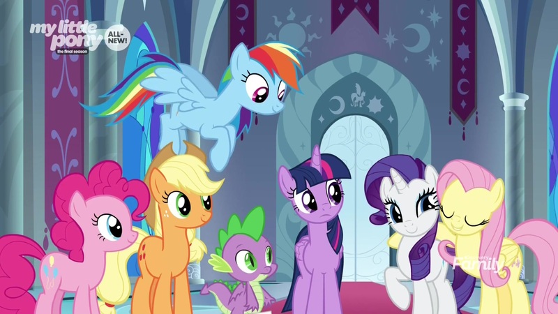 Size: 1920x1080 | Tagged: safe, derpibooru import, screencap, applejack, fluttershy, pinkie pie, rainbow dash, rarity, spike, twilight sparkle, twilight sparkle (alicorn), alicorn, dragon, pony, the beginning of the end, mane seven, mane six, winged spike