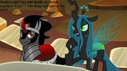 Size: 1280x720 | Tagged: safe, derpibooru import, edit, edited screencap, screencap, king sombra, queen chrysalis, changeling, changeling queen, pony, the beginning of the end, armor, caption, changeling horn, chrysombra, crown, curved horn, female, green eyes, horn, jewelry, male, red cape, red eyes, red horn, regalia, shipping, straight, wings