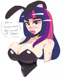 Size: 1056x1342 | Tagged: artist:scarfyace, big breasts, big lips, bimbo, blushing, breasts, bunny ears, bunny suit, bust, busty twilight sparkle, cleavage, clothes, derpibooru import, dialogue, ear piercing, earring, eyeshadow, female, human, humanized, jewelry, lips, lipstick, looking at you, makeup, piercing, pink eyeshadow, pink lipstick, simple background, solo, solo female, suggestive, text, tight clothing, twilight sparkle