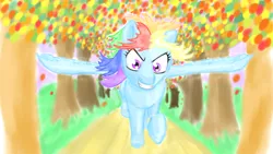 Size: 1920x1080 | Tagged: safe, artist:runbowdash, derpibooru import, rainbow dash, pegasus, pony, female, grin, leaves, mare, running, smiling, solo, tree, whitetail woods