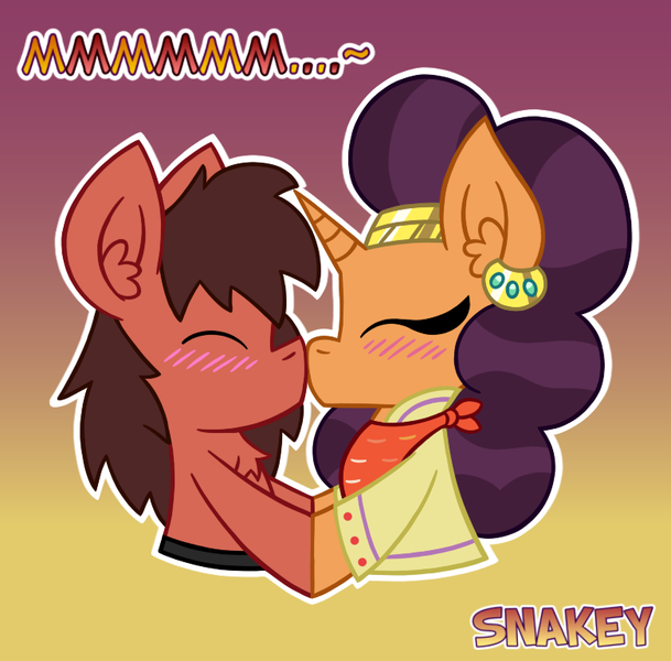 Size: 780x768 | Tagged: safe, artist:snakeythingy, derpibooru import, saffron masala, oc, oc:sketchy dupe, pony, blushing, boop, double boop, dupala, gradient background, holding hooves, kiss boop, kissing, noseboop, sketchffron