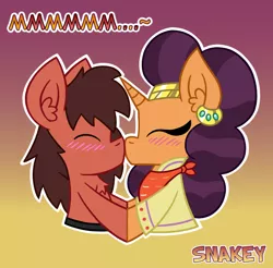 Size: 780x768 | Tagged: safe, artist:snakeythingy, derpibooru import, saffron masala, oc, oc:sketchy dupe, pony, blushing, boop, double boop, dupala, gradient background, holding hooves, kiss boop, kissing, noseboop, sketchffron