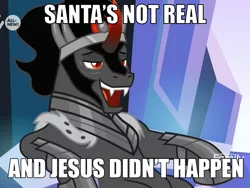 Size: 1280x960 | Tagged: buzzkill, caption, derpibooru import, edit, edited screencap, image macro, jesus christ, king sombra, meme, quote, safe, santa claus, screencap, sitting, smug, solo, stupid sexy sombra, text, the beginning of the end, vinesauce, wario