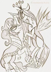 Size: 1617x2285 | Tagged: safe, artist:rossmaniteanzu, derpibooru import, king sombra, queen chrysalis, changeling, unicorn, the beginning of the end, chrysombra, female, male, monochrome, pencil drawing, shipping, straight, traditional art