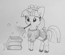 Size: 1627x1379 | Tagged: safe, artist:tjpones, derpibooru import, twilight sparkle, pony, book, clothes, cute, dress, duster, french maid, lineart, maid, maid headdress, mary janes, monochrome, mouth hold, shoes, sketch, skirt, socks, solo, traditional art, twiabetes