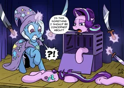 Size: 2047x1447 | Tagged: safe, artist:pony-berserker, derpibooru import, starlight glimmer, trixie, pony, unicorn, annoyed, box, butt, cage, cape, clothes, comic, cut, deadpan snarker, dialogue, dismemberment, duo, exclamation point, female, floppy ears, frown, glowing horn, gritted teeth, hat, headless, horn, i can't believe it's not idw, interrobang, levitation, lidded eyes, looking down, magic, magic aura, magic show, magic trick, mare, modular, one hoof raised, plot, question mark, raised hoof, raised leg, scared, scimitar, shivering, short tail, shrunken pupils, speech bubble, sword, telekinesis, this will not end well, trixie's cape, trixie's hat, unamused, wat, weapon, wide eyes