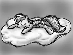 Size: 2000x1500 | Tagged: safe, artist:sandyfortune, derpibooru import, rainbow dash, pegasus, pony, cloud, eyes closed, female, lying down, mare, monochrome, sleeping, solo