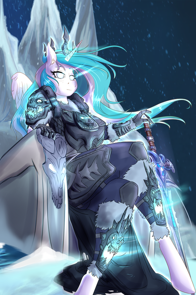 Size: 2000x3000 | Tagged: alicorn, anthro, armor, artist:huckser, breasts, derpibooru import, female, frostmourne, glowing eyes, lich king, mare, princess celestia, safe, sitting, solo, sword, throne, unguligrade anthro, warcraft, weapon