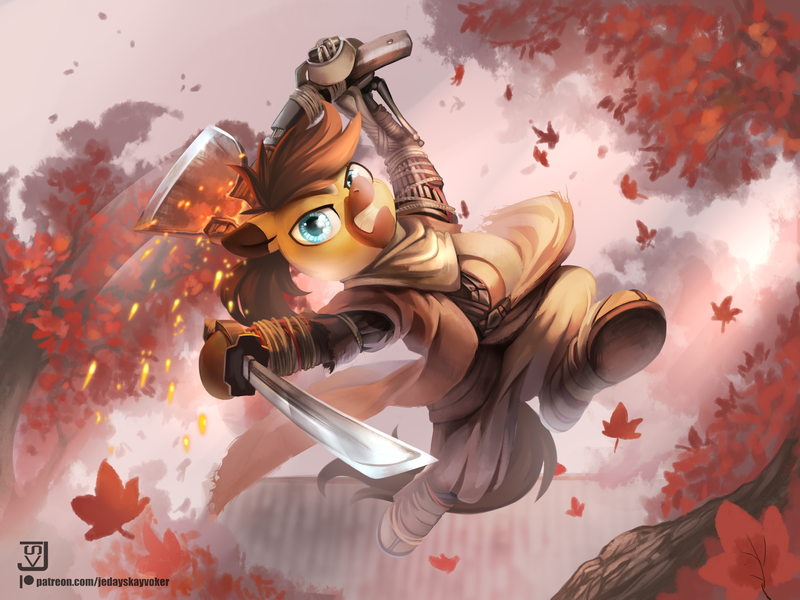 Size: 4000x3000 | Tagged: safe, artist:jedayskayvoker, derpibooru import, oc, unofficial characters only, pony, clothes, commission, male, patreon, patreon logo, sekiro: shadows die twice, serious, serious face, solo, stallion, sword, weapon, ych result