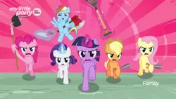 Size: 1366x768 | Tagged: safe, derpibooru import, screencap, applejack, fluttershy, pinkie pie, rainbow dash, rarity, twilight sparkle, twilight sparkle (alicorn), alicorn, pony, the beginning of the end, axe, badass, charging, clipper, flutterbadass, galloping, gardening tools, hoe, levitation, magic, mane six, rake, resistance, shears, telekinesis, trowel, violence, weapon