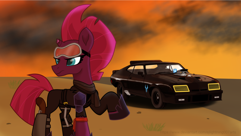 Size: 4588x2597 | Tagged: alternate version, artist:ejlightning007arts, badass, car, crossover, derpibooru import, female, ford falcon, goggles, gun, holster, interceptor, mad max, safe, solo, tempest shadow, textless, wallpaper, wasteland, weapon