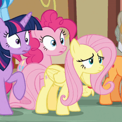 Size: 502x501 | Tagged: safe, derpibooru import, screencap, apple bloom, applejack, fluttershy, pinkie pie, rainbow dash, twilight sparkle, twilight sparkle (alicorn), alicorn, earth pony, pegasus, pony, the beginning of the end, animated, blinking, cropped, female, filly, floating, floppy ears, folded wings, mare, open mouth, raised eyebrow, raised hoof, sad, wings, worried
