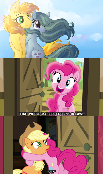 Size: 1024x1727 | Tagged: safe, artist:dreamscapevalley edits, derpibooru import, edit, edited screencap, screencap, applejack, braeburn, marble pie, pinkie pie, pony, pinkie apple pie, braeble, caption, confused, female, hat, hug, implied marriage, male, mare, pinkie logic, shipper on deck, shipper pie, shipping, straight