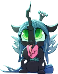 Size: 550x704 | Tagged: safe, artist:loneless-art, derpibooru import, queen chrysalis, changeling, changeling queen, chibi, cute, cutealis, female, heart, long tongue, sitting, smiling, solo, tongue out