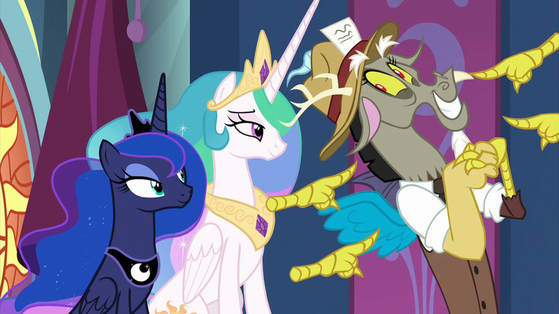Size: 2000x1124 | Tagged: safe, derpibooru import, screencap, discord, princess celestia, princess luna, alicorn, draconequus, pony, the beginning of the end, clasped hands, clothes, cute, discute, disembodied hand, ethereal mane, eyelashes, female, floating limbs, grin, hand, hat, male, mare, pointing at self, press hat, reporter, royal sisters, siblings, sisters, smiling, starry mane, suit, trio
