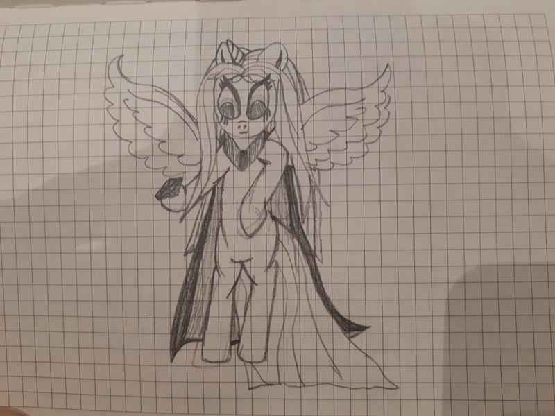 Size: 4608x3456 | Tagged: safe, artist:katya, derpibooru import, oc, oc:sparkle light, unofficial characters only, alicorn, pony, alicorn oc, cape, clothes, female, graph paper, horn, mare, pencil drawing, solo, traditional art, wings