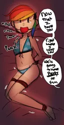 Size: 900x1764 | Tagged: arm behind back, artist:scotchwaifus, ballgag, begging, belly button, bikini, bondage, bound, bound and gagged, cartoon, clothes, crying, dark room, derpibooru import, female, femsub, gag, hands behind back, human, humanized, imminent rape, imminent sex, legs tied, looking at you, lying down, muffled words, onomatopoeia, rainbow dash, rope, rope bondage, semi-grimdark, solo, solo female, sound effects, speech, struggling, submissive, suggestive, swimsuit, talking, teary eyes, tied, tied up, word balloon