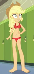 Size: 450x980 | Tagged: suggestive, derpibooru import, edit, edited screencap, editor:grapefruitface, screencap, applejack, a queen of clubs, equestria girls, equestria girls series, awkward smile, barefoot, belly button, breasts, cleavage, clothes, corridor, feet, female, hat, red underwear, smiling, solo, underwear, underwear edit