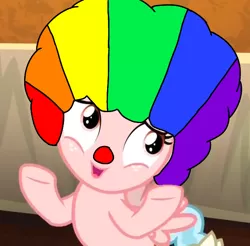 Size: 642x632 | Tagged: safe, derpibooru import, cozy glow, pegasus, pony, the beginning of the end, afro, clown, clown nose, clowny glow, honk honk, honkler, meme, red nose, shrug