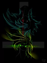 Size: 1229x1650 | Tagged: safe, artist:neon line, derpibooru import, oc, oc:neon line, oc:white night, pony, black background, glowing eyes, looking at you, looking sideways, multicolored hair, neon, simple background