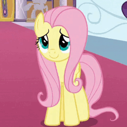 Size: 300x300 | Tagged: safe, derpibooru import, screencap, discord, fluttershy, rarity, pegasus, pony, the beginning of the end, animated, blinking, blush sticker, blushing, canterlot castle, cropped, cute, female, folded wings, happy, looking up, mare, raised hoof, shyabetes, smiling, solo focus, wings