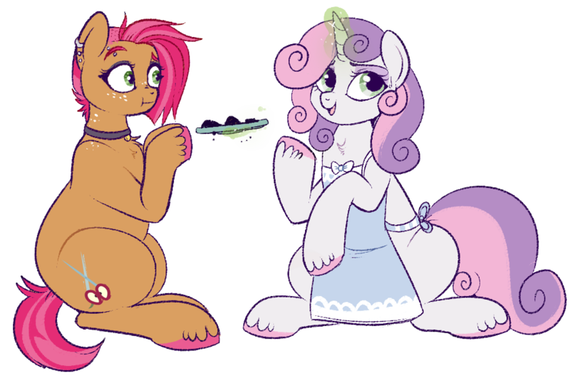 Size: 970x652 | Tagged: safe, artist:lulubell, derpibooru import, babs seed, sweetie belle, earth pony, pony, unicorn, apron, babsbelle, baked bads, baking, clothes, collar, cooking, ear piercing, female, food, lesbian, magic, mare, piercing, shipping, sweetie belle can't cook, sweetie fail