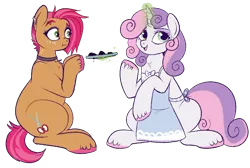Size: 970x652 | Tagged: safe, artist:lulubell, derpibooru import, babs seed, sweetie belle, earth pony, pony, unicorn, apron, babsbelle, baked bads, baking, clothes, collar, cooking, ear piercing, female, food, lesbian, magic, mare, piercing, shipping, sweetie belle can't cook, sweetie fail