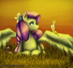 Size: 1343x1258 | Tagged: safe, artist:smartypurple, derpibooru import, fluttershy, bird, pegasus, pony, female, flower, flower in hair, looking at something, mare, outdoors, prone, sitting, sitting on wing, solo, spread wings, wings