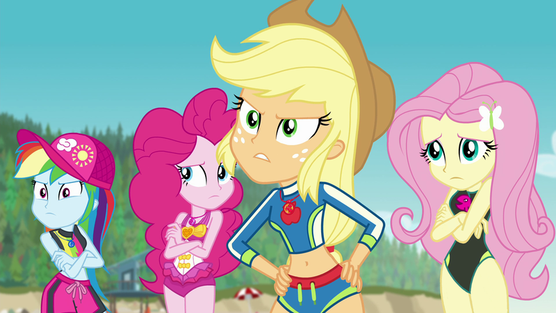 Size: 1920x1080 | Tagged: safe, derpibooru import, edit, edited screencap, editor:steamanddieselman, screencap, applejack, fluttershy, pinkie pie, rainbow dash, equestria girls, equestria girls series, forgotten friendship, beach, belly button, cap, clothes, crossed arms, cute, fluttershy's one-piece swimsuit, geode of fauna, geode of sugar bombs, geode of super speed, geode of super strength, hat, image, magical geodes, midriff, one-piece swimsuit, png, sexy, shyabetes, sleeveless, swimsuit, swimsuit edit, wetsuit