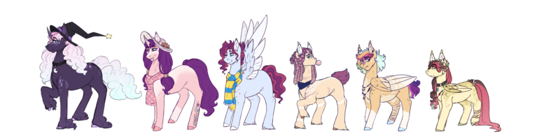 Size: 4000x1000 | Tagged: safe, artist:jaysey, derpibooru import, oc, unofficial characters only, pony, bubblegum, choker, clothes, food, gum, hat, line-up, magical lesbian spawn, magical threesome spawn, next generation, offspring, parent:applejack, parent:big macintosh, parent:daring do, parent:dumbbell, parent:fluttershy, parent:pinkie pie, parent:princess luna, parent:quibble pants, parent:rainbow dash, parent:rarity, parent:soarin', parent:songbird serenade, parent:tree hugger, parent:twilight sparkle, parents:dumbpie, parents:quibbledaringdash, parents:rarimac, parents:soarinjack, parents:songhuggershy, parents:twiluna, scarf, simple background, transparent background, witch hat