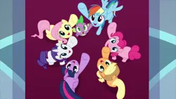 Size: 2000x1124 | Tagged: safe, derpibooru import, screencap, applejack, fluttershy, pinkie pie, rainbow dash, rarity, spike, twilight sparkle, twilight sparkle (alicorn), alicorn, dragon, earth pony, pegasus, pony, unicorn, season 9, the beginning of the end, spoiler:s09, female, hooves in air, image, looking at you, male, mane seven, mane six, mare, open mouth, overhead view, png, raised hoof, top down