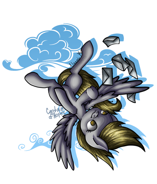 Size: 1500x1750 | Tagged: safe, artist:captainofhopes, artist:nomearts, derpibooru import, derpy hooves, pegasus, pony, cloud, letter, signature, simple background, solo, transparent background, upside down