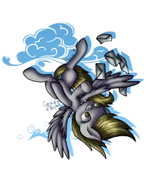 Size: 1500x1750 | Tagged: safe, artist:captainofhopes, artist:nomearts, derpibooru import, derpy hooves, pegasus, pony, cloud, letter, signature, simple background, solo, transparent background, upside down