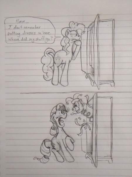 Size: 3120x4160 | Tagged: safe, artist:sonicontinuum, derpibooru import, pinkie pie, rarity, earth pony, pony, unicorn, comic, confetti, confused, dialogue, female, grayscale, jack-in-the-box, joke, lined paper, mare, monochrome, open mouth, pun, raised leg, scared, speech bubble, traditional art, wardrobe