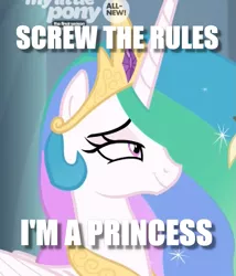 Size: 785x917 | Tagged: safe, derpibooru import, edit, edited screencap, screencap, princess celestia, pony, the beginning of the end, caption, cropped, image macro, lidded eyes, reference, screw the rules, smuglestia, solo, text, yugioh abridged