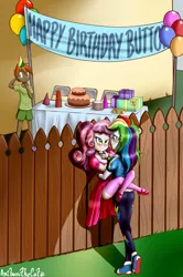 Size: 1725x2593 | Tagged: suggestive, artist:anibaruthecat, derpibooru import, button mash, rainbow dash, sweetie belle, human, equestria girls, arm behind head, balloon, blushing, breasts, button doesn't know, cake, clothes, converse, female, fence, food, frilly underwear, imminent sex, infidelity, leg lock, lesbian, older, panties, pink underwear, shipping, shoes, skirt, sneakers, sweetiedash, underwear, upskirt