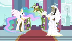 Size: 1920x1080 | Tagged: safe, artist:swiftgaiathebrony, derpibooru import, discord, princess celestia, canterlot castle, clothes, couple, crossdressing, dislestia, dress, female, male, marriage, shipping, straight, wedding, wedding dress