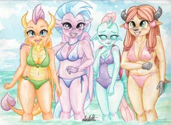 Size: 1200x872 | Tagged: anthro, artist:dantethehuman, belly button, bikini, blushing, breasts, busty ocellus, busty silverstream, busty smolder, busty yona, changedling, changeling, chubby, classical hippogriff, clothes, cute, derpibooru import, diaocelles, diastreamies, dragon, dragoness, female, freckles, hippogriff, looking at you, ocellus, safe, shy, silverstream, slit eyes, slit pupils, smolder, smolderbetes, swimsuit, traditional art, watercolor painting, yak, yona, yonadorable