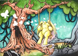 Size: 1200x872 | Tagged: safe, artist:dantethehuman, derpibooru import, fluttershy, butterfly, pegasus, pony, everfree forest, headless, modular, sitting, solo, surreal, swing, traditional art, tree, tree branch, watercolor painting, wings