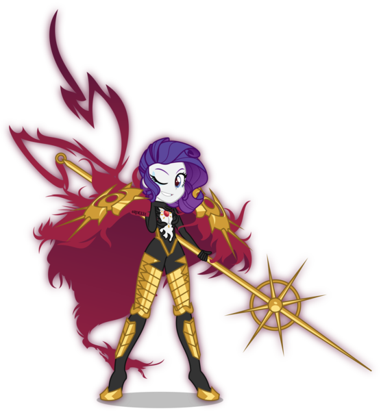 Size: 5000x5397 | Tagged: safe, artist:orin331, derpibooru import, lancer, rarity, equestria girls, anime, armor, crossover, fate/apocrypha, fate/grand order, karna, lancer of red, one eye closed, simple background, solo, transparent background, weapon, wink