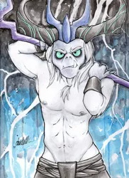 Size: 930x1280 | Tagged: abs, anthro, armpits, artist:dantethehuman, clothes, derpibooru import, lightning, male, my little pony: the movie, partial nudity, solo, solo male, storm king, stupid sexy storm king, suggestive, topless, traditional art, watercolor painting