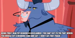 Size: 967x500 | Tagged: caption, derpibooru import, diet, edit, edited screencap, food, health, healthy, horn, image macro, iron will, minotaur, necktie, putting your hoof down, safe, screencap, solo, text