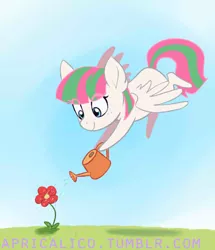 Size: 568x660 | Tagged: safe, artist:feellikeaplat, deleted from derpibooru, derpibooru import, blossomforth, pegasus, pony, adoraforth, cute, female, flower, flying, freckles, mare, smiling, solo, water, watering can