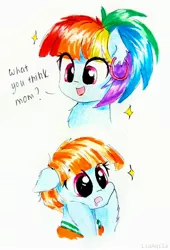 Size: 1892x2776 | Tagged: safe, artist:liaaqila, derpibooru import, rainbow dash, windy whistles, pony, alternate hairstyle, bust, chest fluff, comic, cute, dashabetes, drool, ear fluff, ear piercing, earring, eye clipping through hair, female, floppy ears, hooped earrings, jewelry, leg fluff, like mother like daughter, mare, milf, mother and child, mother and daughter, portrait, simple background, smiling, sparkles, windybetes