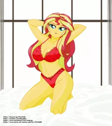 Size: 943x1062 | Tagged: suggestive, artist:chuyryu, derpibooru import, sunset shimmer, equestria girls, equestria girls series, spring breakdown, spoiler:eqg series (season 2), arm behind head, armpits, bed, bed sheets, bedroom eyes, bra, breasts, busty sunset shimmer, clothes, kneeling, lingerie, looking at you, midriff, open mouth, panties, pillow, red bra, red panties, red underwear, sexy, underwear