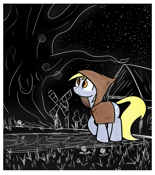 Size: 678x768 | Tagged: safe, artist:cookieboy011, derpibooru import, derpy hooves, pony, hood, monochrome, solo, stars