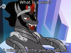 Size: 1440x1080 | Tagged: safe, derpibooru import, edit, edited screencap, screencap, king sombra, pony, unicorn, the beginning of the end, caption, castlevania, castlevania: symphony of the night, cropped, discovery family logo, image macro, male, meme, quote, relaxing, sitting, slouching, smug, stallion, stupid sexy sombra, text, throne, what is a man, wolf teeth